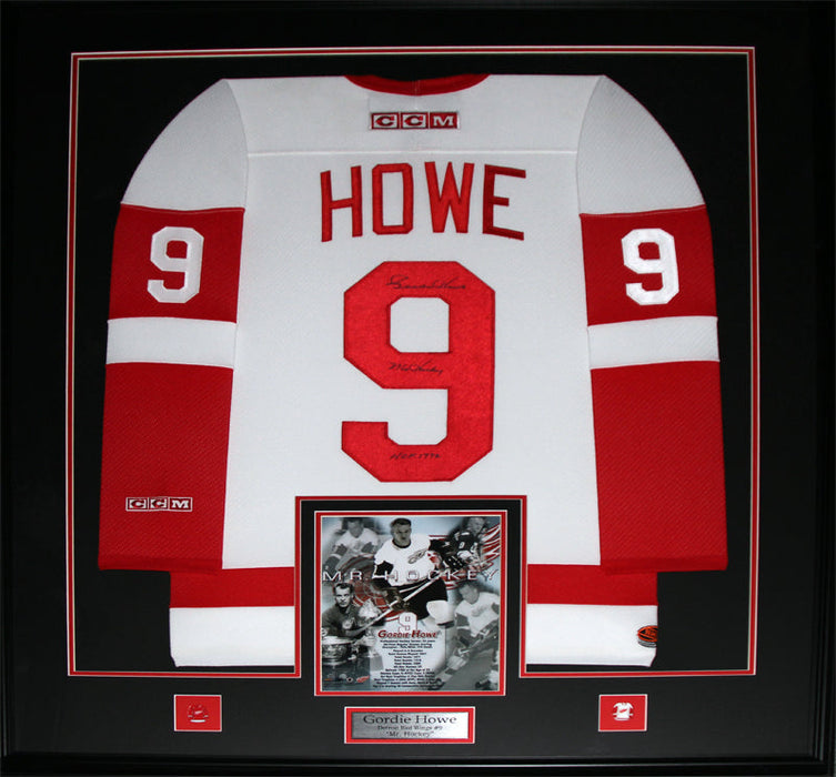 Gordie Howe Detroit Red Wings Signed White Jersey Hockey Collector Frame